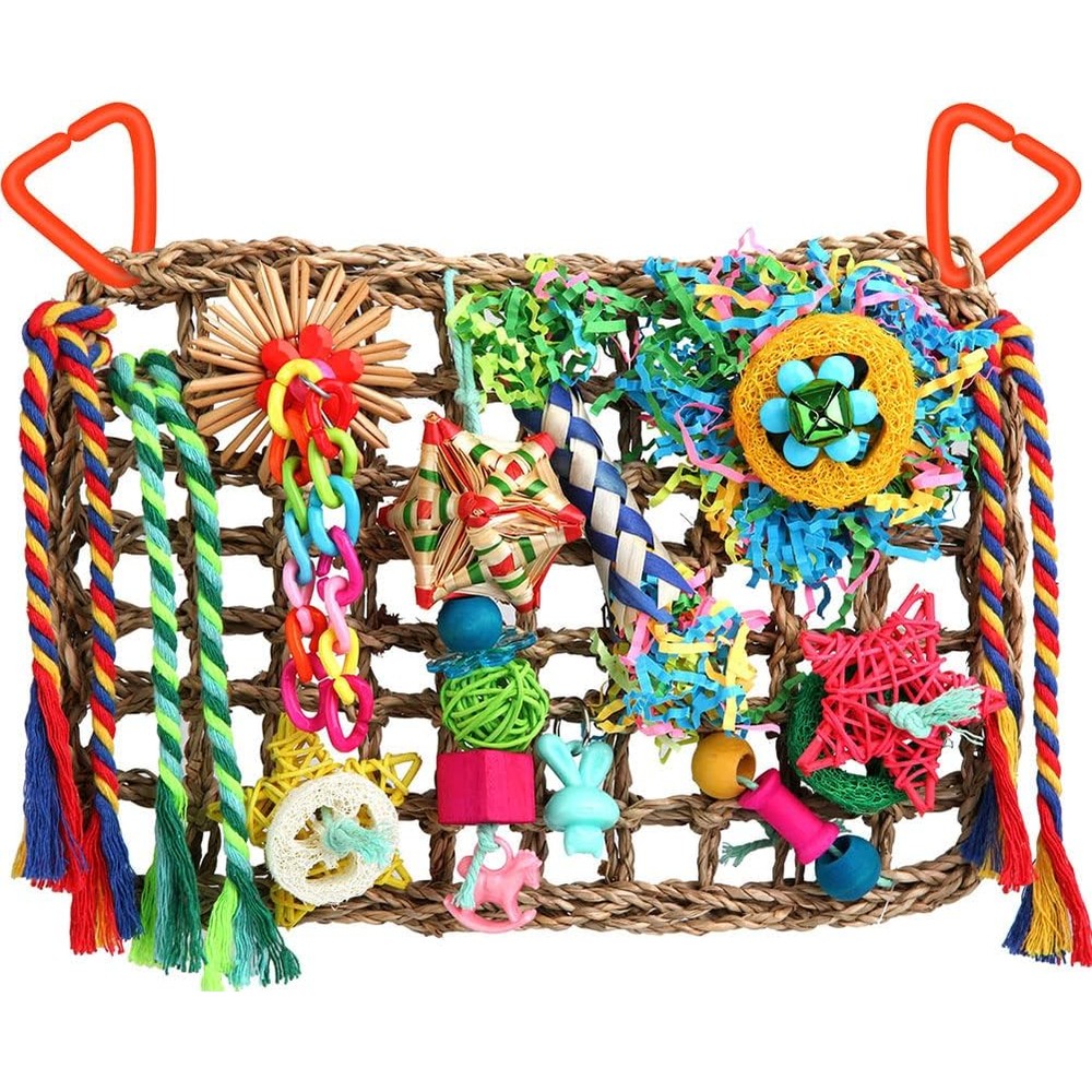 Yixund seagrass foraging wall bird toy front view hanging in a cage