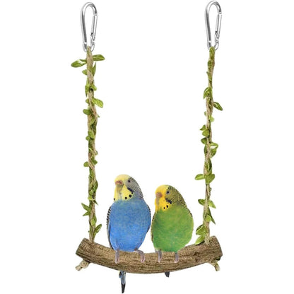Hiwzitar Natural Wood Bird Swing Perch With Decorative Leaves Hanging Stand Platform Toy For Parakeets Cockatiels And Finches Seven Point One Inches