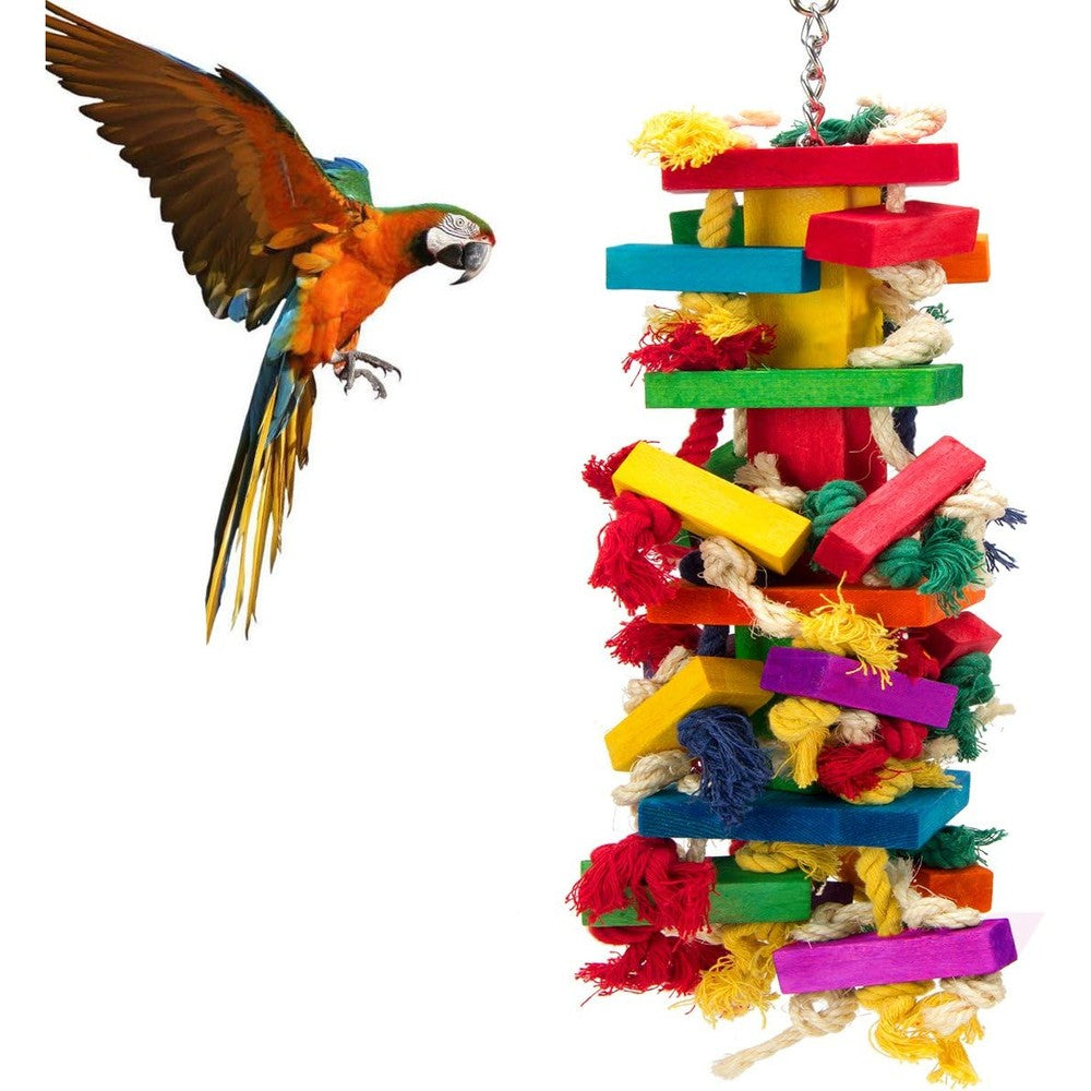 Mewtogo extra large natural wood bird toy front view for Macaws