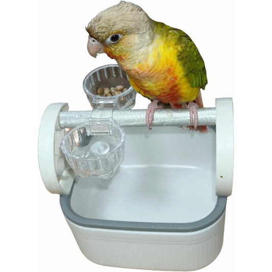 GoWitPaws Bird Potty Training Station 3 In 1 Multi Function Bird Toilet With Perch And Feeding Bowls 6.3 x 6.3 x 6.5 Inches For Small To Medium Par...