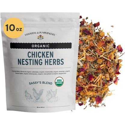 Sassafras And Pumpernickel Certified USDA Organic Chicken Nesting Herbs Aromatic Coop Refresher And Nest Box Blend 10 Ounce Resealable Bag
