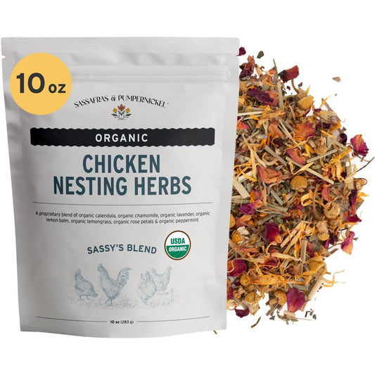 Sassafras And Pumpernickel Certified USDA Organic Chicken Nesting Herbs Aromatic Coop Refresher And Nest Box Blend 10 Ounce Resealable Bag
