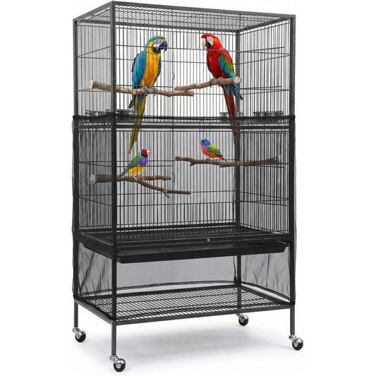 Falzqq Large Bird Cage Cover And Seed Catcher Mesh Netting Skirt With Adjustable Elastic Band For Parrots And Macaws Black 118 x 31 Inches