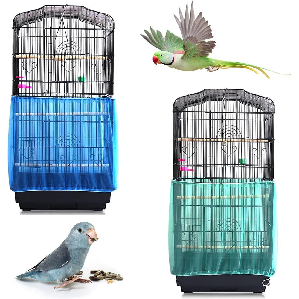 Daoeny Universal Bird Cage Cover Adjustable Seed Feather Catcher Nylon Mesh Net Birdcage Cover Skirt Guard For Parrot And Parakeet Green And Blue 2...