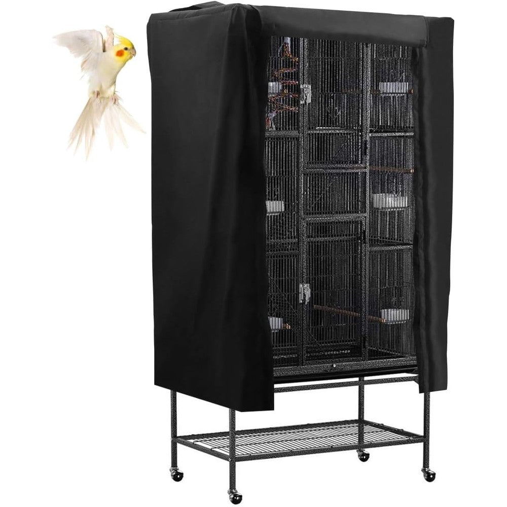 POPETPOP universal bird cage cover front view showing black fabric on a large cage.