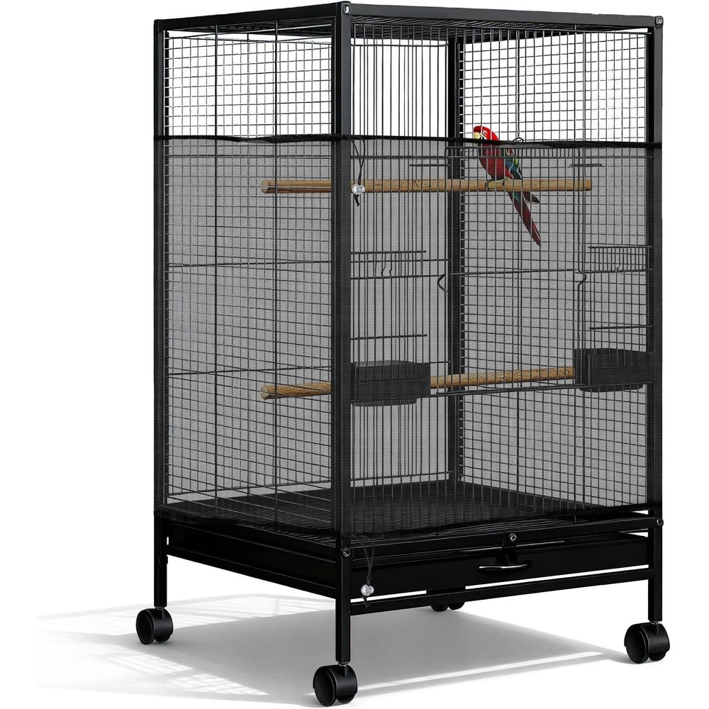 LIQWEI large bird cage seed catcher front view showing black mesh design