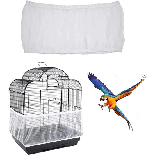 DreamAug Bird Cage Cover Breathable Nylon Mesh Seed Catcher Guard Adjustable Elastic Skirt For Parrots And Cockatiels White Fits 55 To 87 Inches