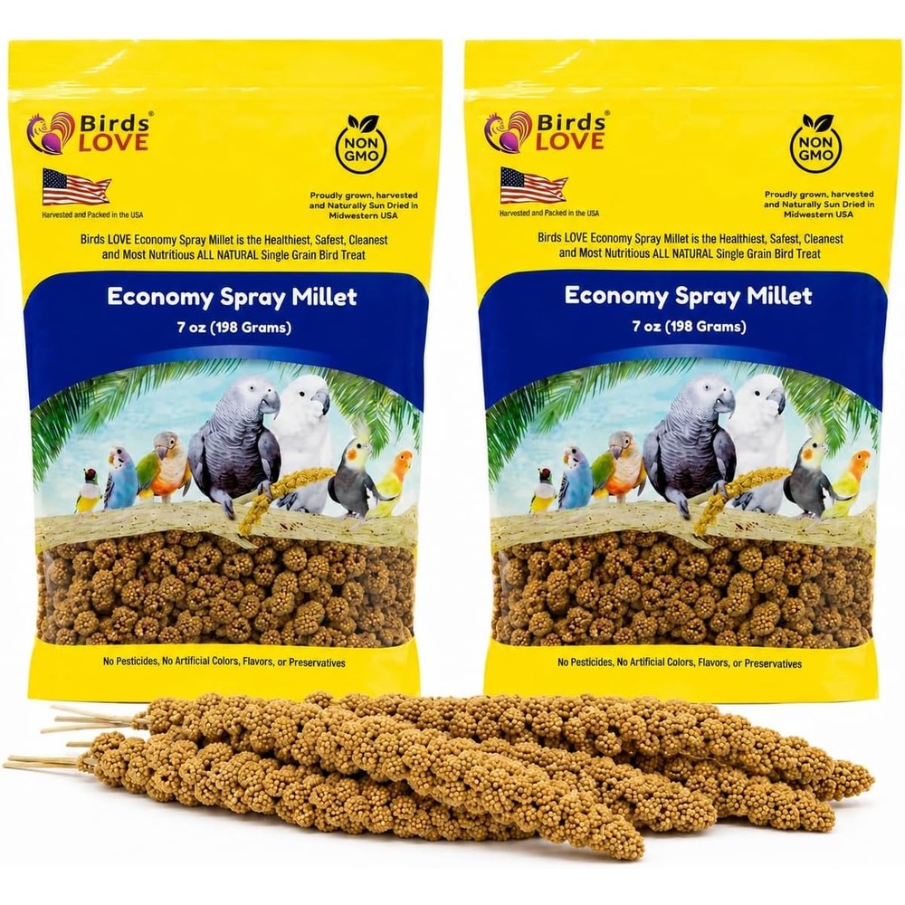 Birds LOVE Economy Spray Millet For Birds Non GMO All Natural Stem Reduced Bird Treats Seven Ounces Pack Of Two