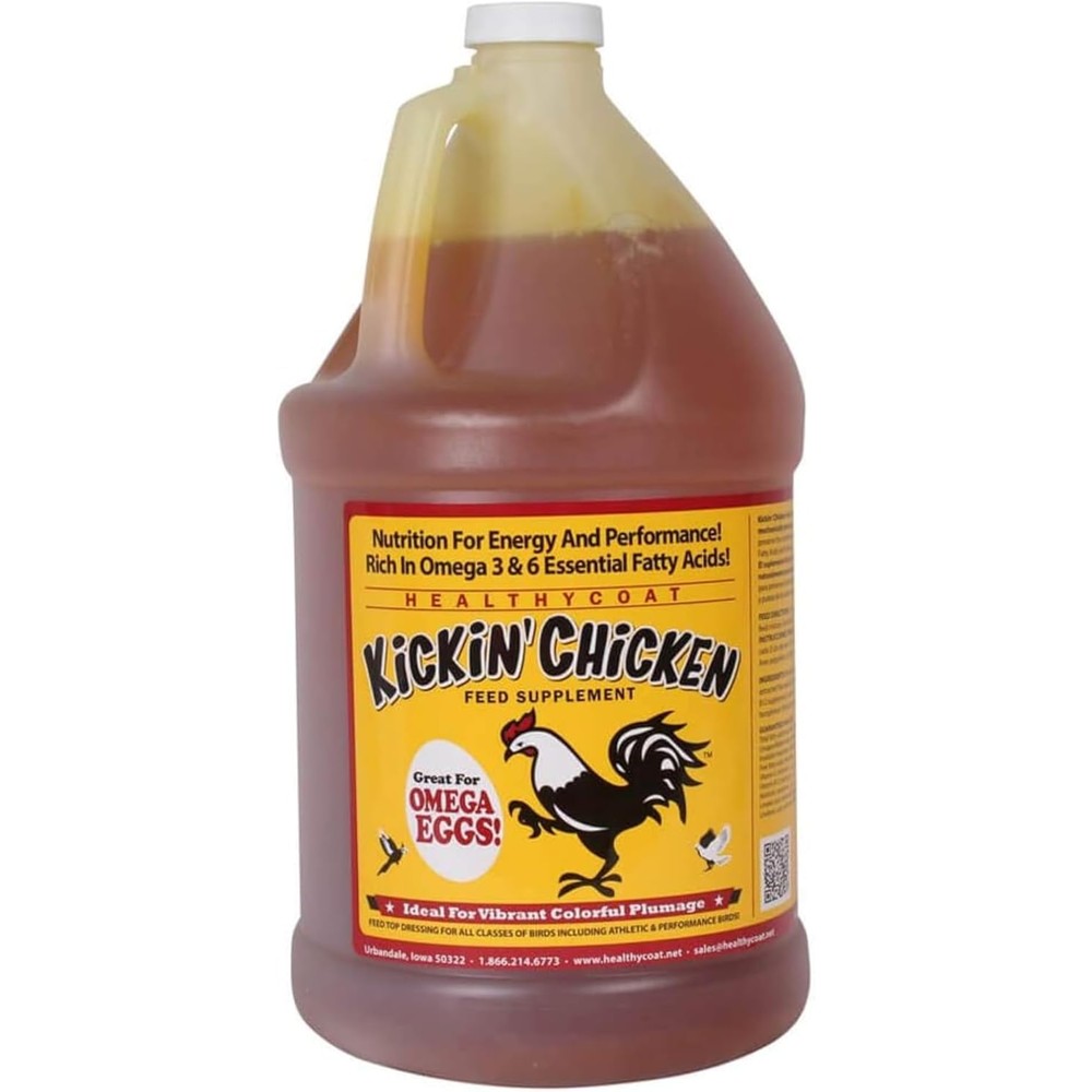HealthyCoat Kickin Chicken liquid poultry feed supplement front view with one gallon label.