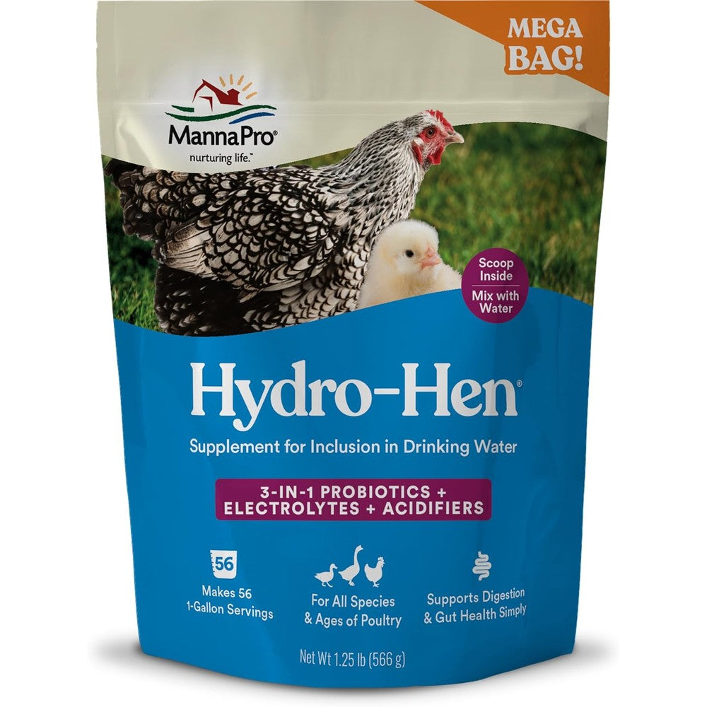 Manna Pro Hydro-Hen poultry electrolyte and probiotic supplement front view 20 Ounce bag.