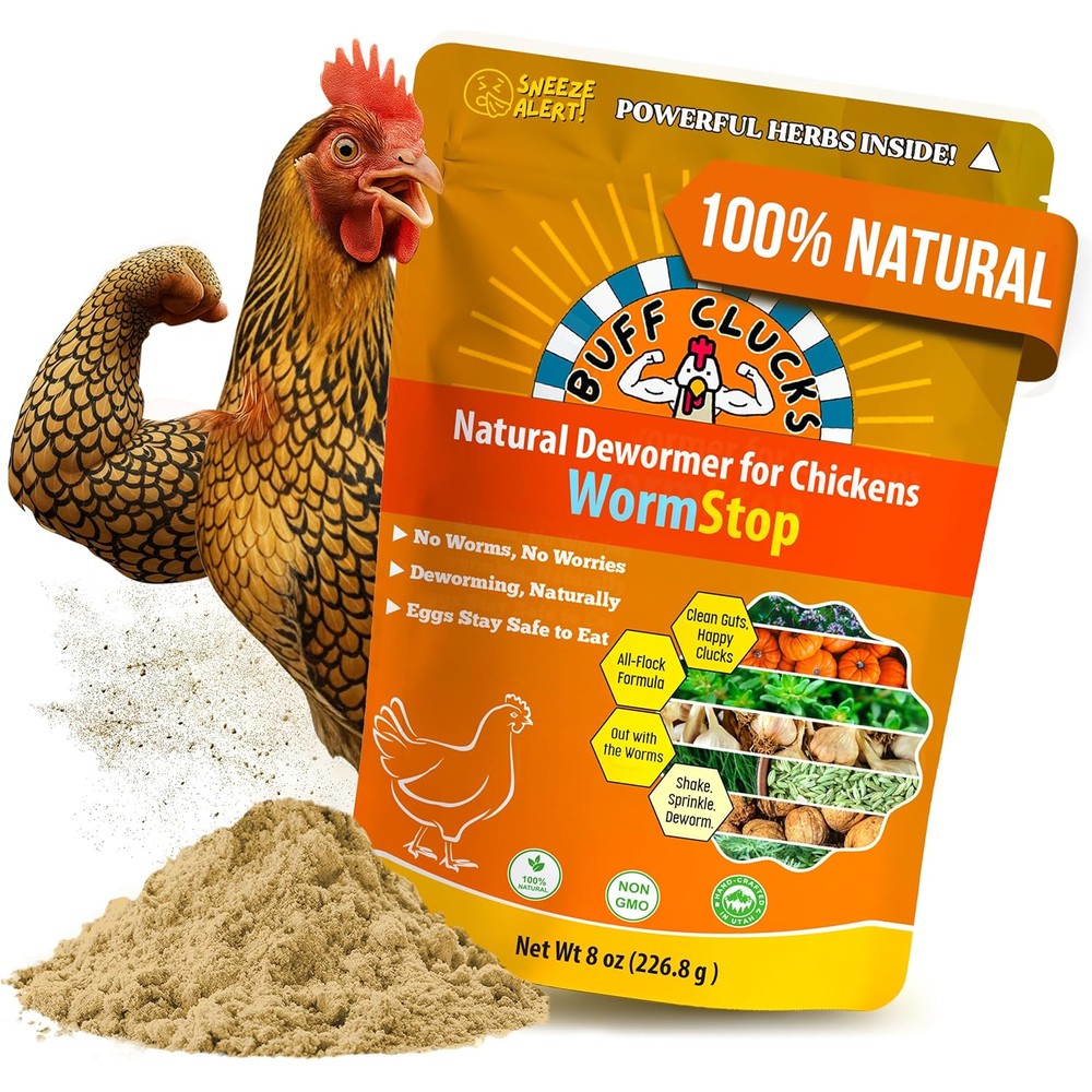 Buff Clucks WormStop natural chicken dewormer powder front pouch view
