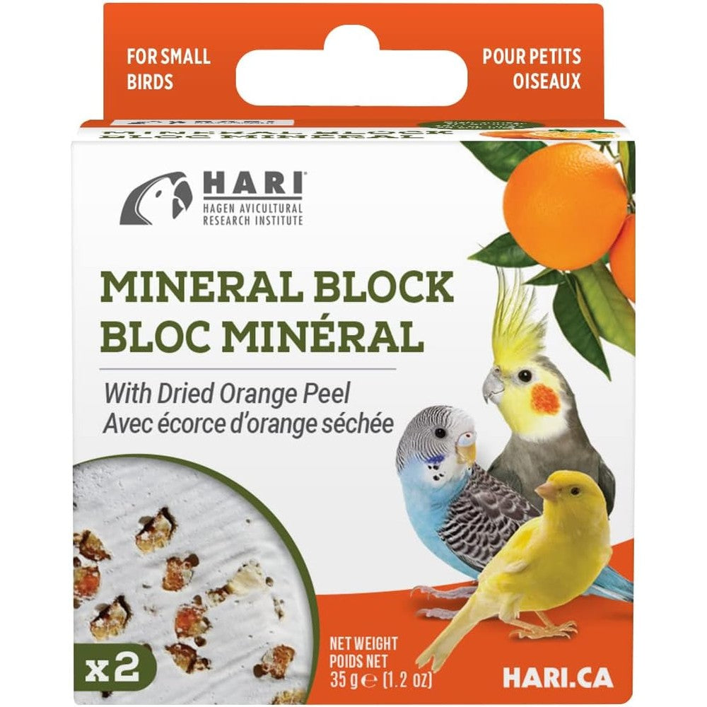 Hari mineral block for birds with dried orange peel front view and packaging