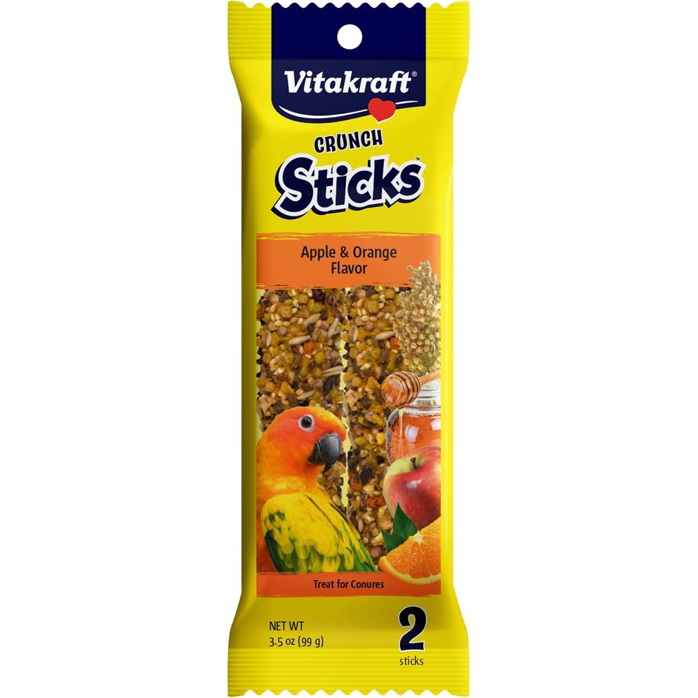 Vitakraft Crunch Sticks Conure Treat Apple And Orange Flavor 2 Count Triple Baked Natural Wood Chew Center With Cage Clip Holder