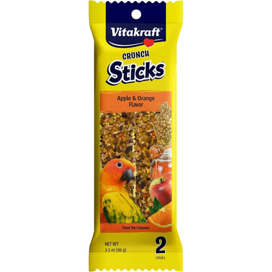 Vitakraft Crunch Sticks Conure Treat Apple And Orange Flavor 2 Count Triple Baked Natural Wood Chew Center With Cage Clip Holder
