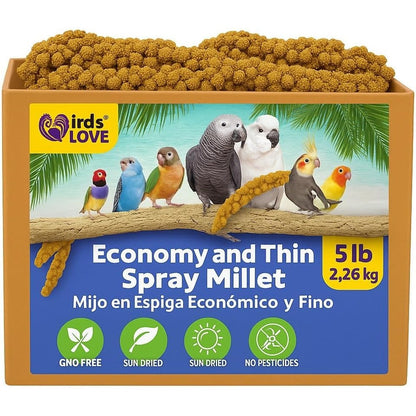 Birds LOVE Economy And Special Spray Millet For Birds 5 Pounds GMO Free Natural Sun Dried Foraging Treat For Cockatiels Lovebirds And Parakeets