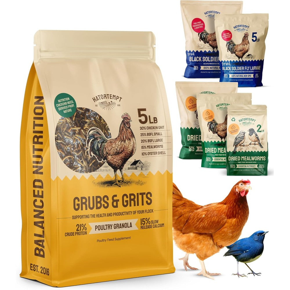 Hatortempt Grubs And Grits Chicken Feed Supplement 5 Pound Bag With Mealworms Black Soldier Fly Larvae Oyster Shells And Poultry Grit
