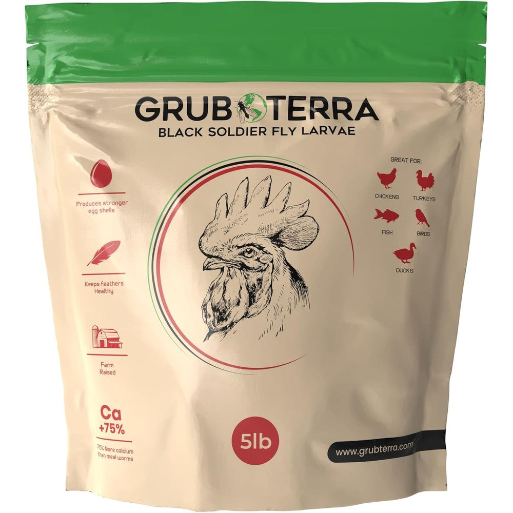 GrubTerra Black Soldier Fly Larvae 5 Pound bag front view for poultry.