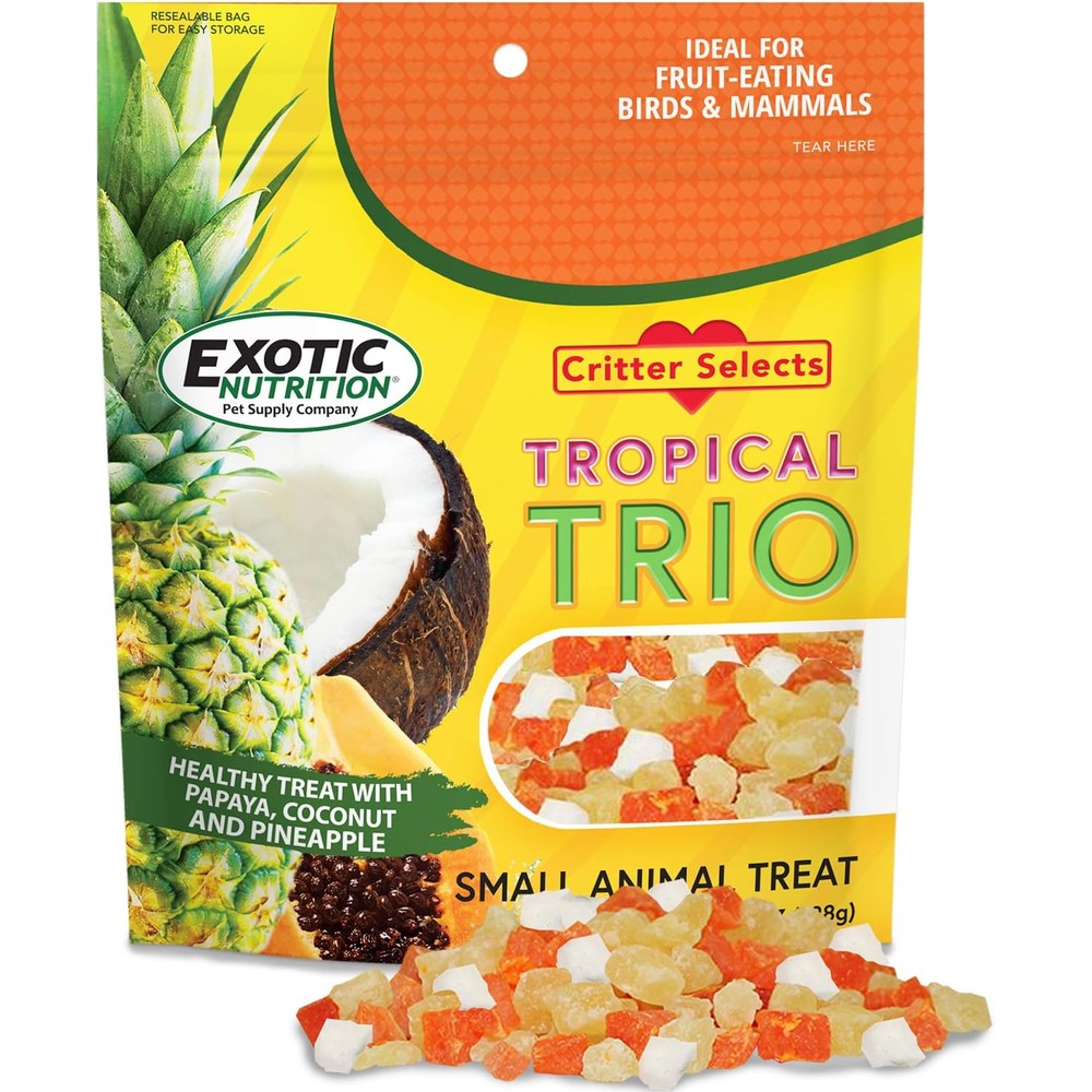 Exotic Nutrition Tropical Trio front view packaging showing dried papaya coconut and pineapple pieces