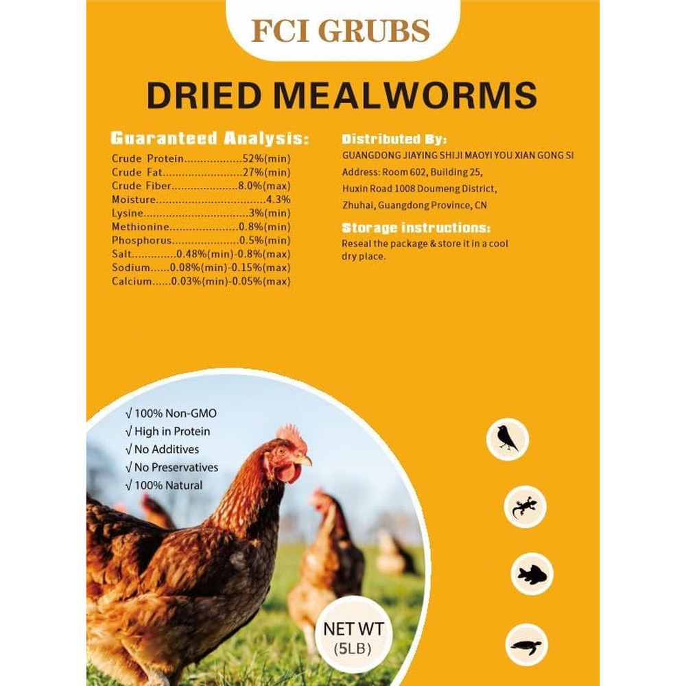 FCI Grubs Dried Mealworms 5 Pound front view packaging and product display