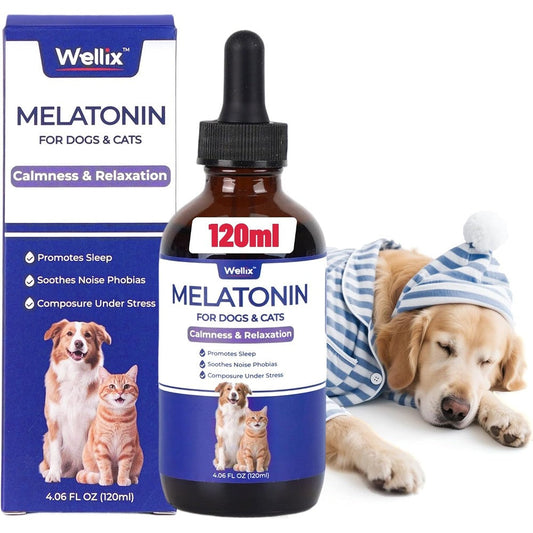 Nutrivio Wellix Melatonin Liquid Drops for dogs and cats front view of four ounce glass bottle