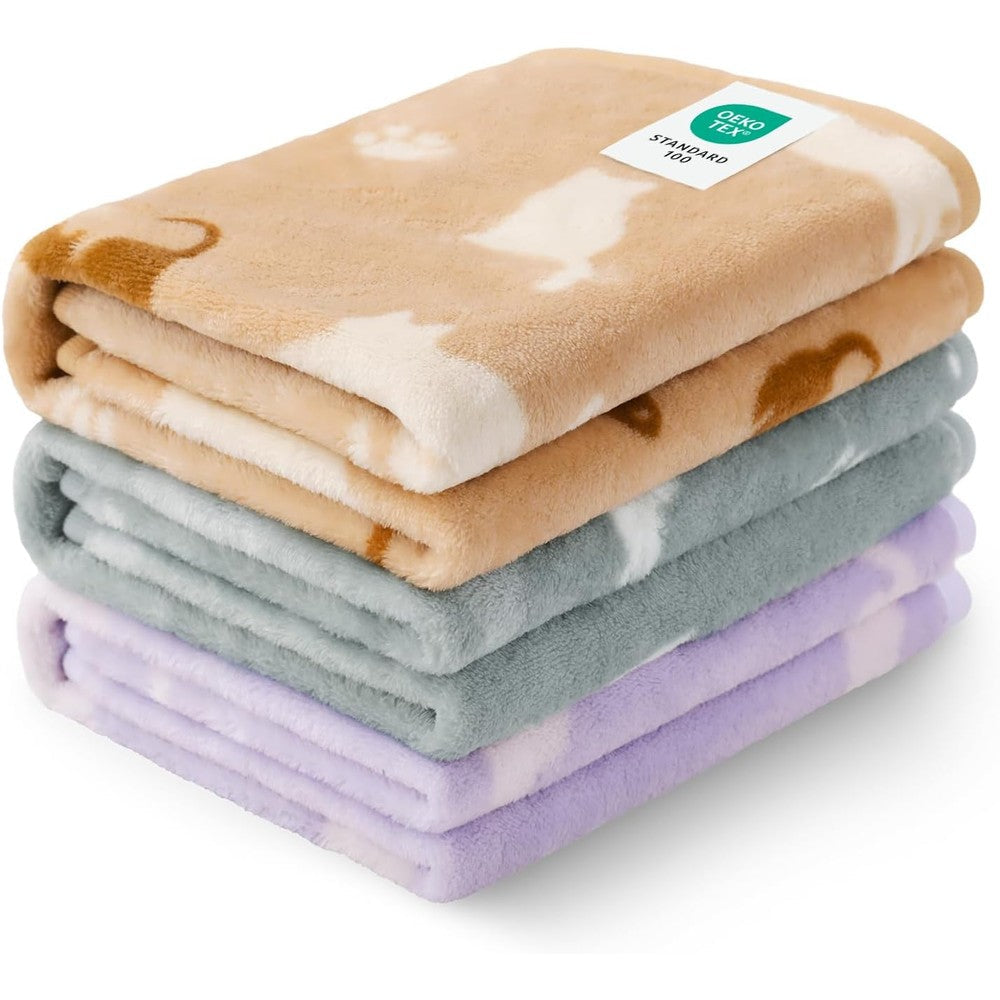 Luciphia Cat Printed Fleece Pet Blankets Washable Soft Warm Throw Covers For Crate Couch Bed Purple Grey Khaki Small 23x16 Inches 3 Pack