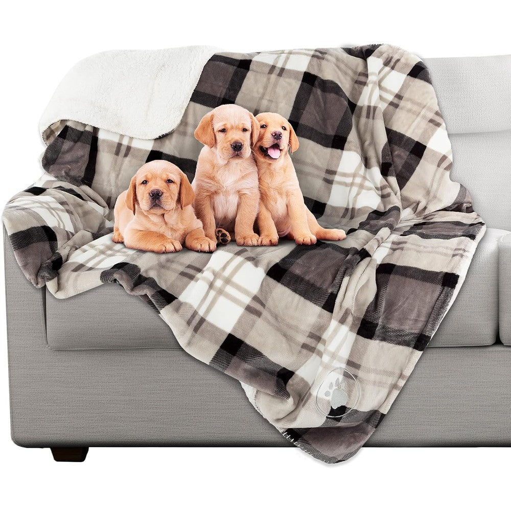 Petmaker Reversible Waterproof Plaid Pet Blanket Gray Soft Sherpa Fleece Throw For Dogs And Cats 60 By 50 Inches