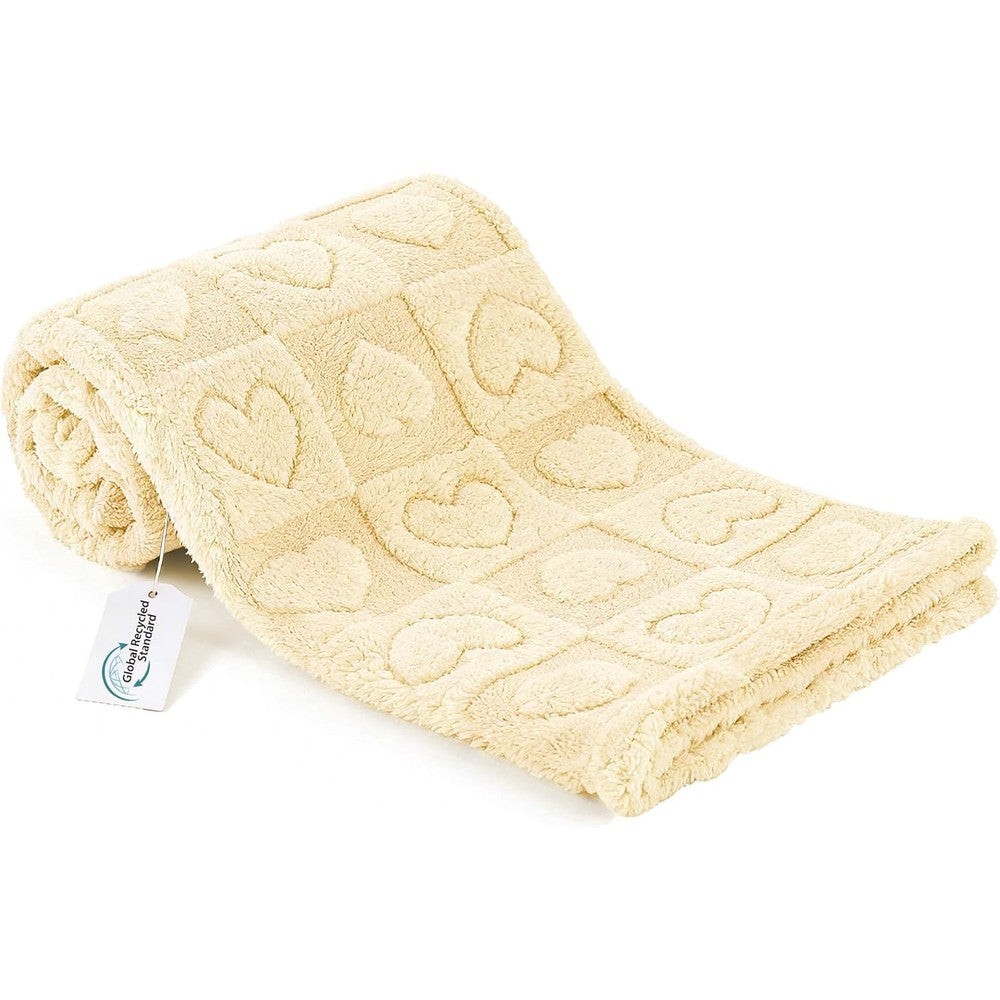 Gogobunny Calming Plush Dog And Cat Blanket 300GSM Coral Fleece Ultra Soft Machine Washable Pet Bedding Beige 25x35 Inches