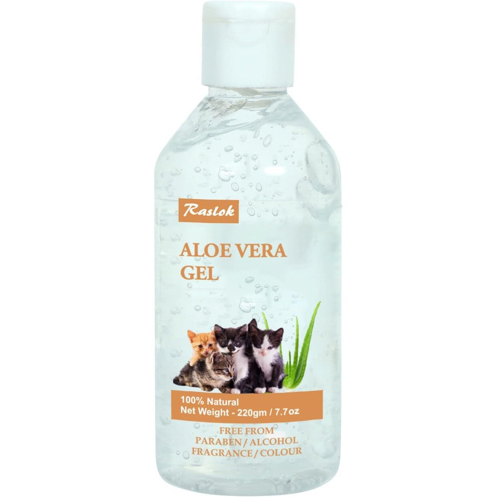 Raslok Aloe Vera Gel for Cats 220gm bottle front view for feline hydration and itch relief.