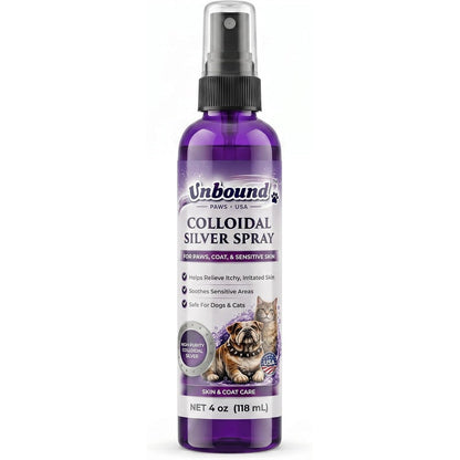 Unbound Paws USA Colloidal Silver Spray front view bottle for dog and cat skin care