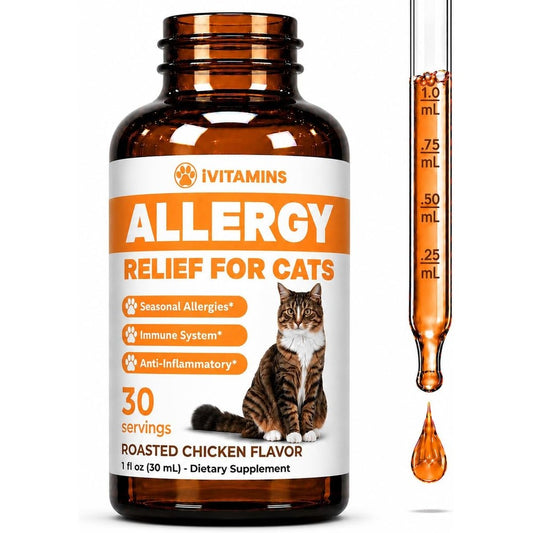 iVitamins Allergy Relief for Cats front view bottle showing roasted chicken flavor liquid supplement