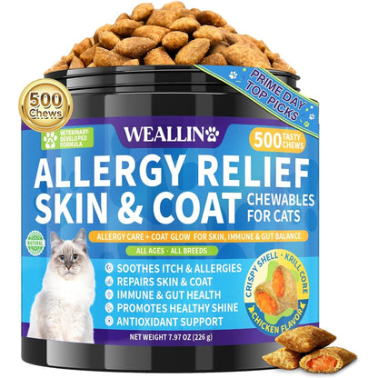 WEALLIN Cat Allergy Relief Chews front view jar for seasonal itching relief.