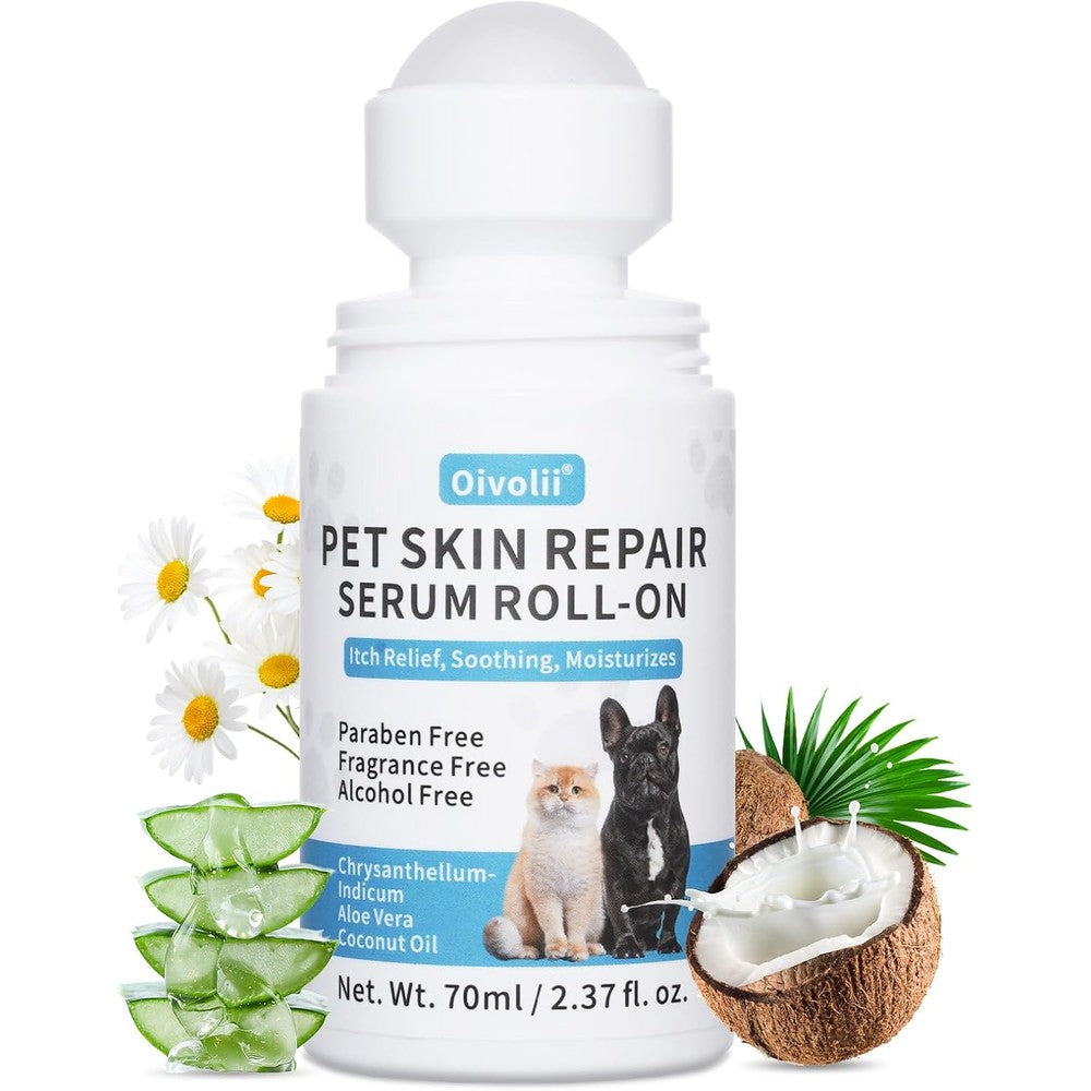 Oivolii Dog Skin Repair Roll On Serum front view of the seventy milliliter bottle for pet itch relief.