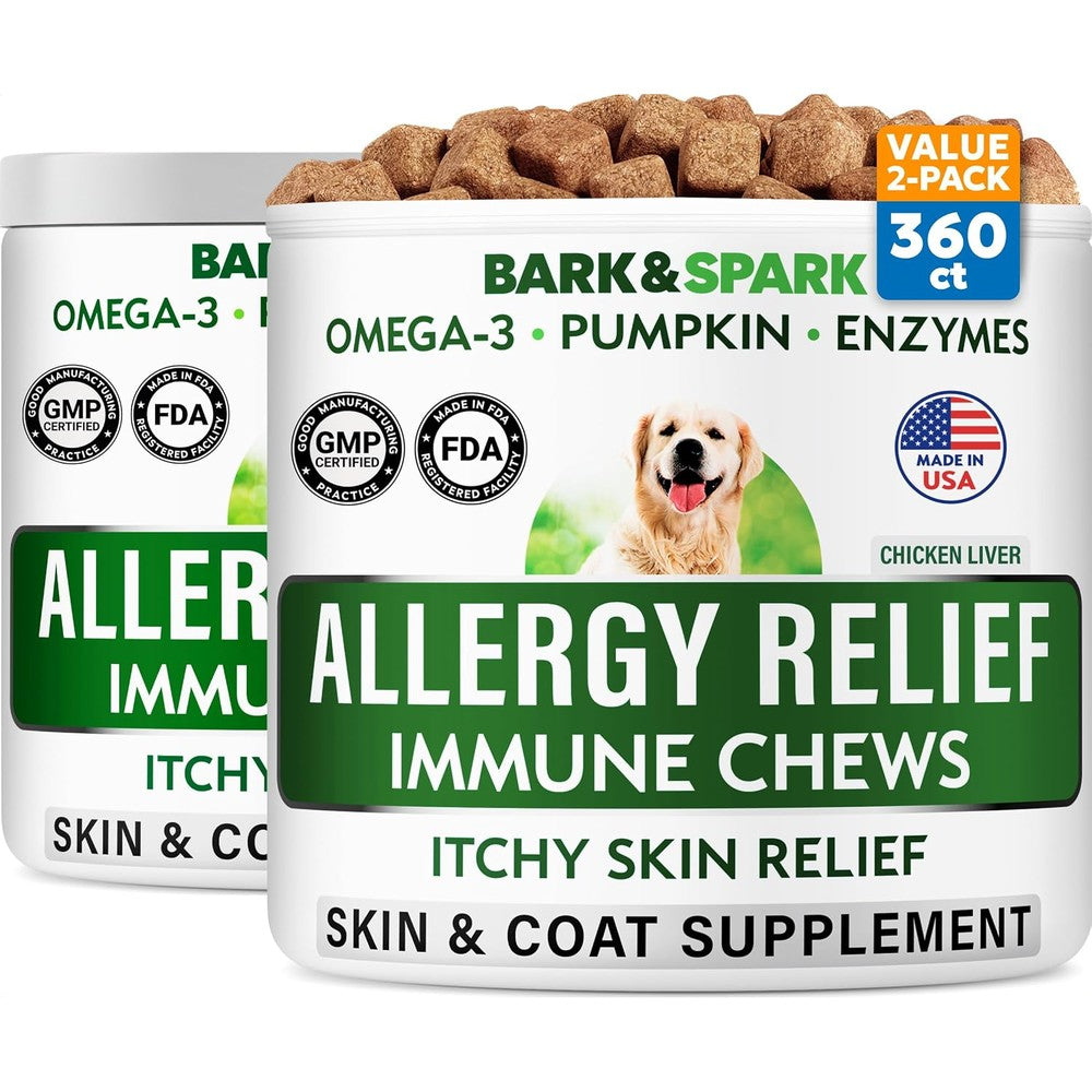 Bark And Spark Dog Allergy Relief Soft Chews 360 count tub front view showing chicken liver flavor pet supplement
