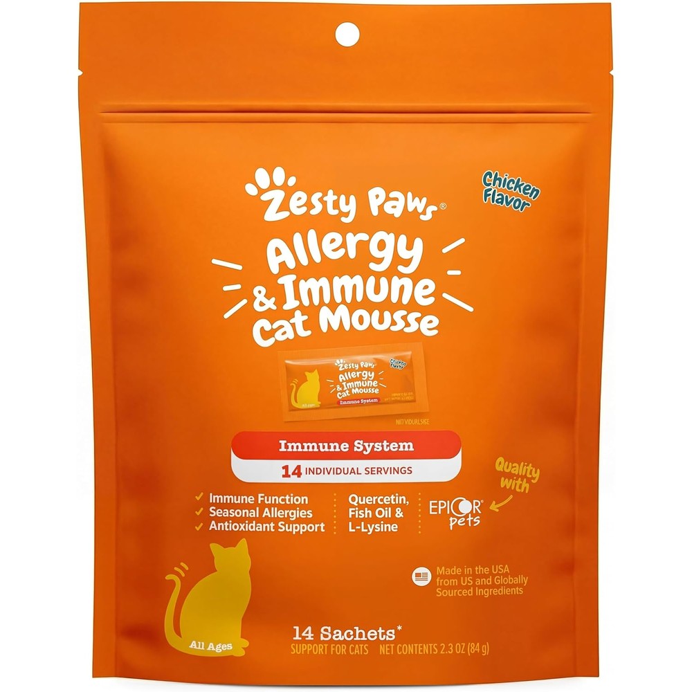 Zesty Paws allergy and immune cat mousse front packaging for feline seasonal allergy relief.
