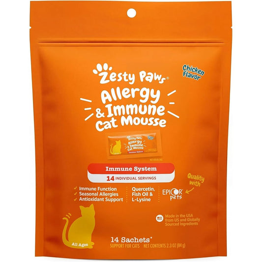 Zesty Paws allergy and immune cat mousse front packaging for feline seasonal allergy relief.