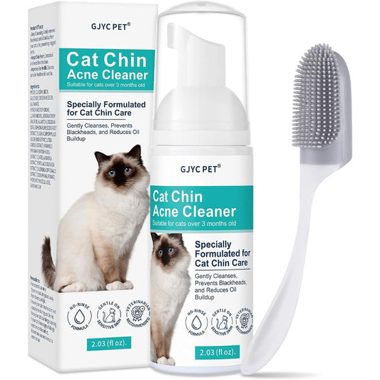 GJYC PET Cat Chin Acne Cleaner mousse bottle front view with applicator brush for feline skincare