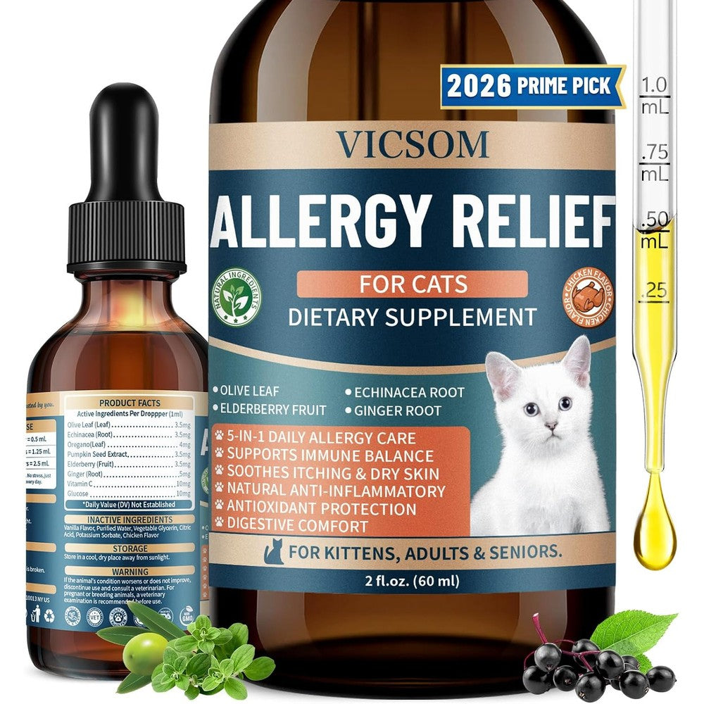 Vicsom Cat Allergy Relief Liquid Drops 60ml front view bottle with dropper for feline itch support