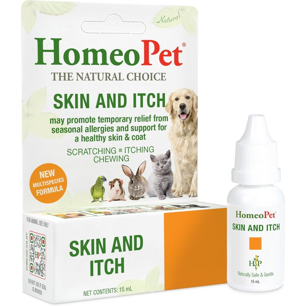 HomeoPet Skin And Itch Liquid Drops front view packaging bottle