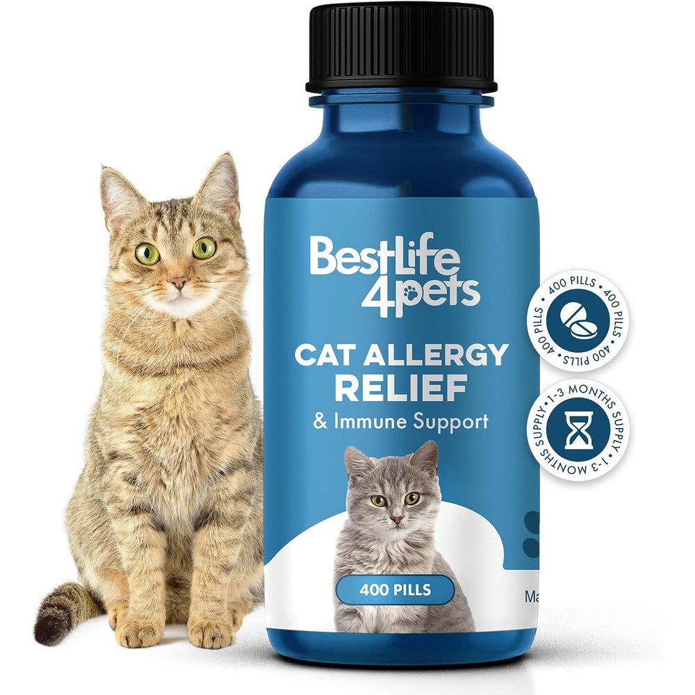 BestLife4Pets Cat Allergy Relief front view bottle showing four hundred small pills for feline seasonal allergy care.