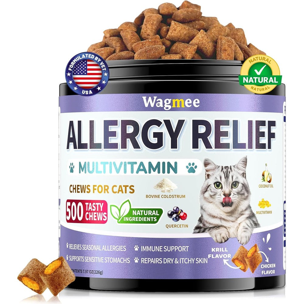 PetSilver Cat Allergy Relief Chews 500 count jar front view showing chicken and krill flavor labels.