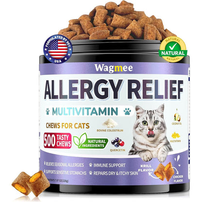 PetSilver Cat Allergy Relief Chews 500 count jar front view showing chicken and krill flavor labels.