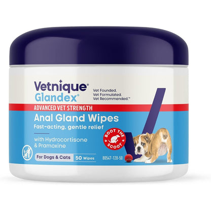 Vetnique Glandex Medicated Anal Gland Wipes 50 count front view showing advanced vet strength packaging for dog scooting relief.