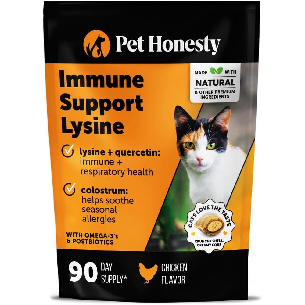 Pet Honesty Cat Immune Support Lysine supplement jar front view for feline respiratory health.