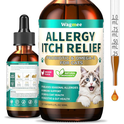 Carmelie Wagmee cat allergy itch relief drops 2 fluid ounce front view bottle for feline skin care.