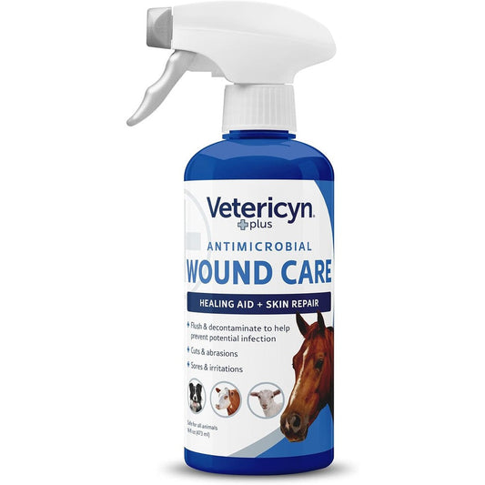Vetericyn Plus Horse Wound Care Spray 16 ounce bottle front view for equine skin healing