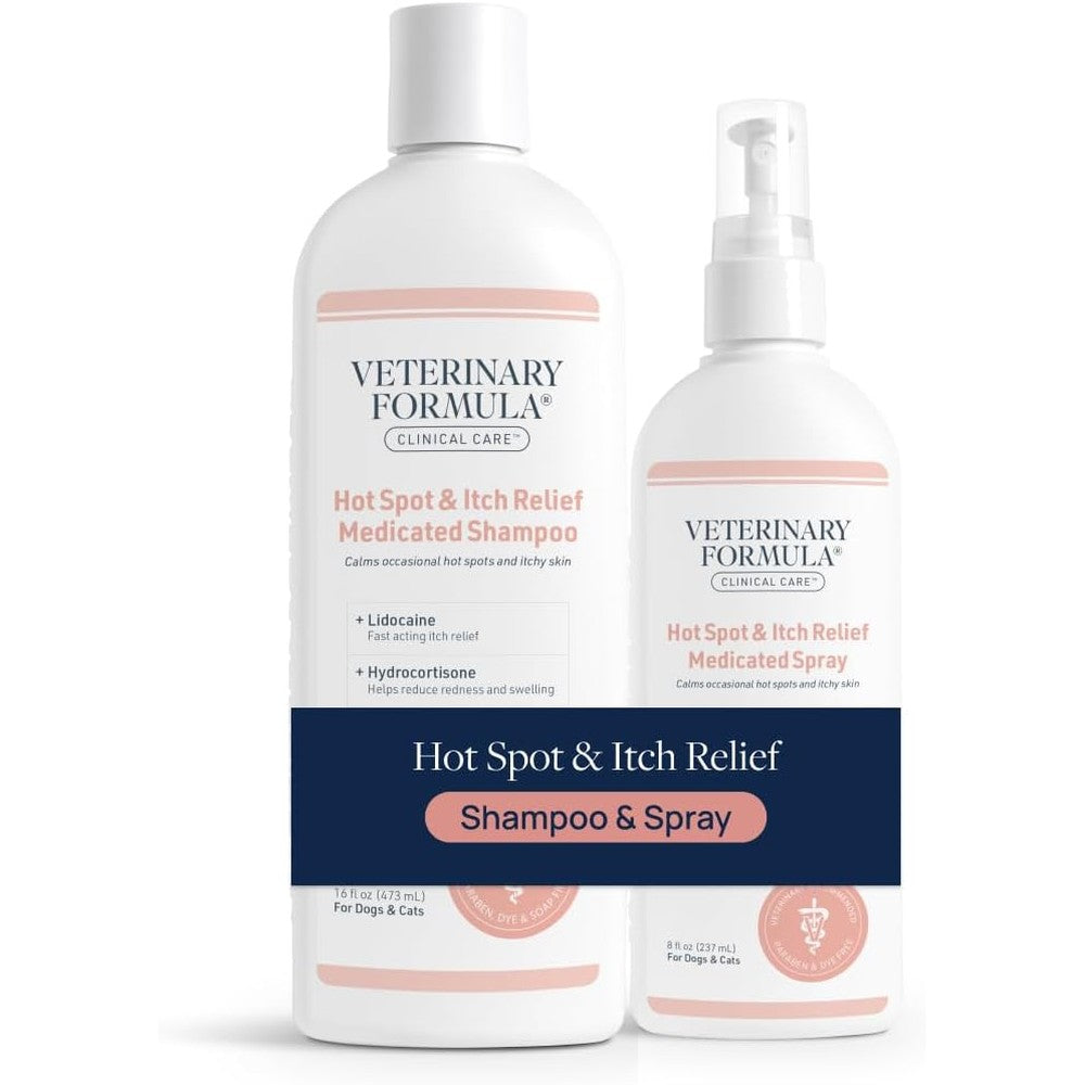 Veterinary Formula Clinical Care Hot Spot bundle front view showing medicated shampoo and spray bottles.