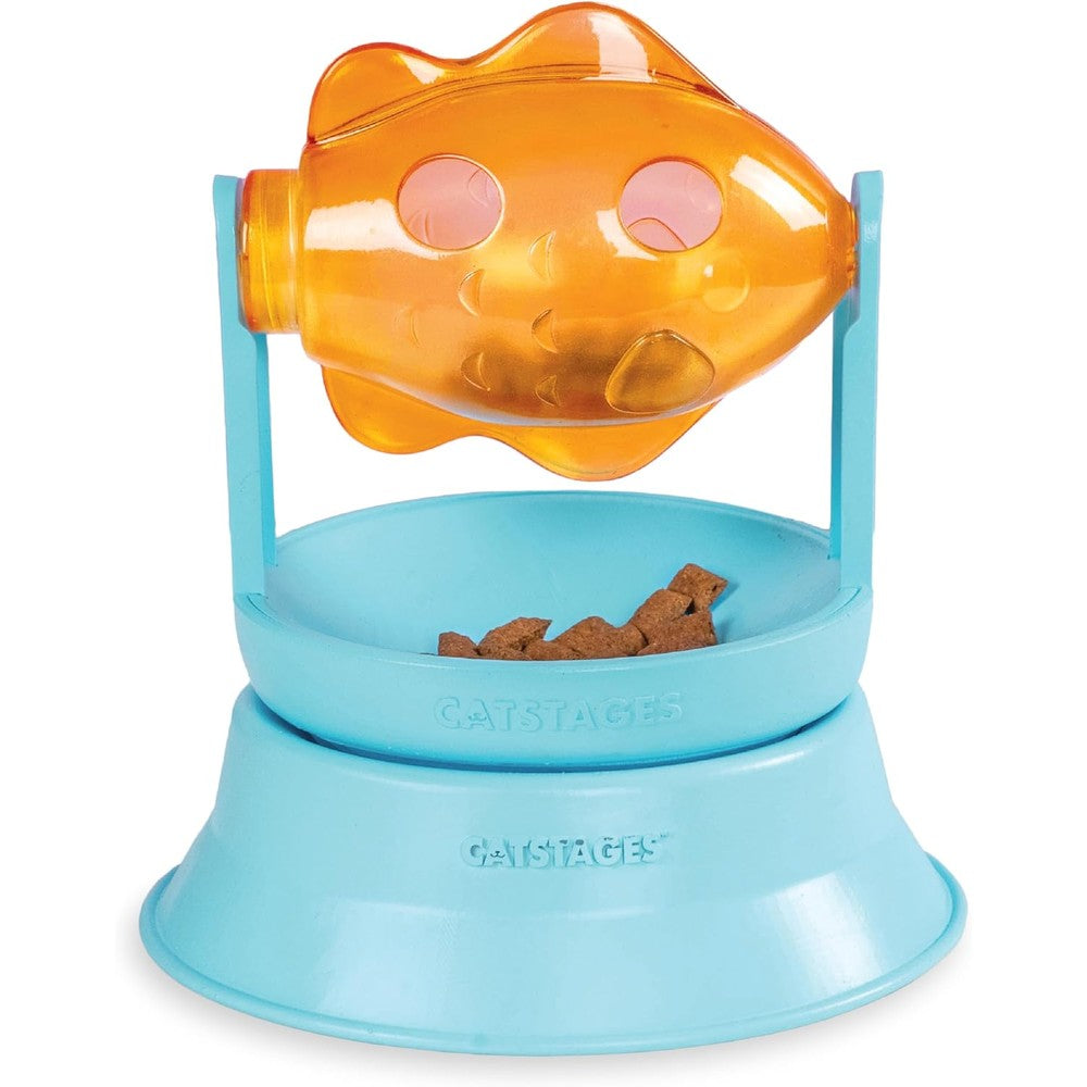 Catstages 2-in-1 Spinning Fish Treat Dispenser Cat Toy front view showing the blue base and orange fish puzzle feeder.