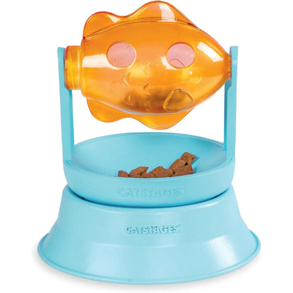 Catstages 2-in-1 Spinning Fish Treat Dispenser Cat Toy front view showing the blue base and orange fish puzzle feeder.