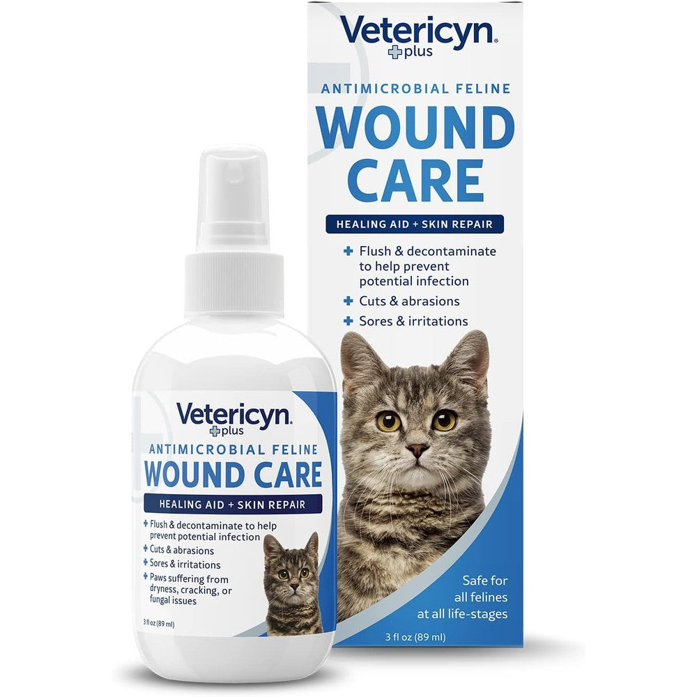 Vetericyn Plus Cat Wound Care Spray 3 Ounces front packaging view for feline first aid
