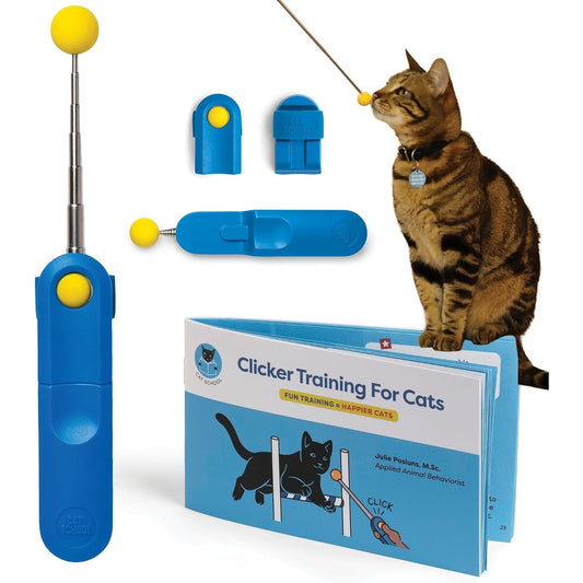 CAT SCHOOL clicker training kit for cats showing the blue target stick and instructions packaging front view